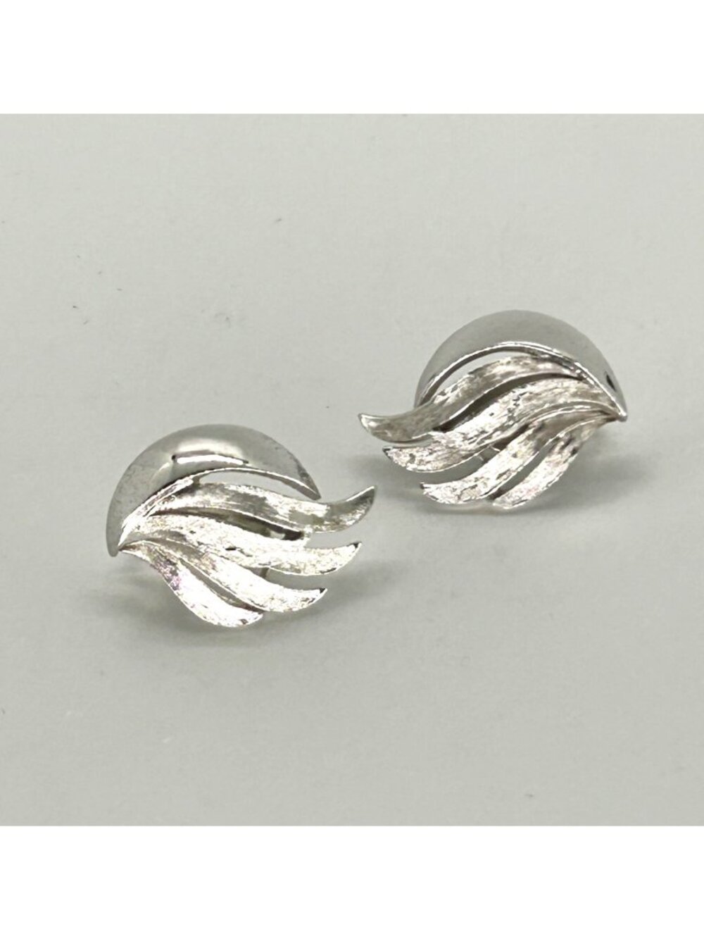 Trifari Vintage Clip-On Earrings Silver-Tone Etched Wave Pattern MCM Design